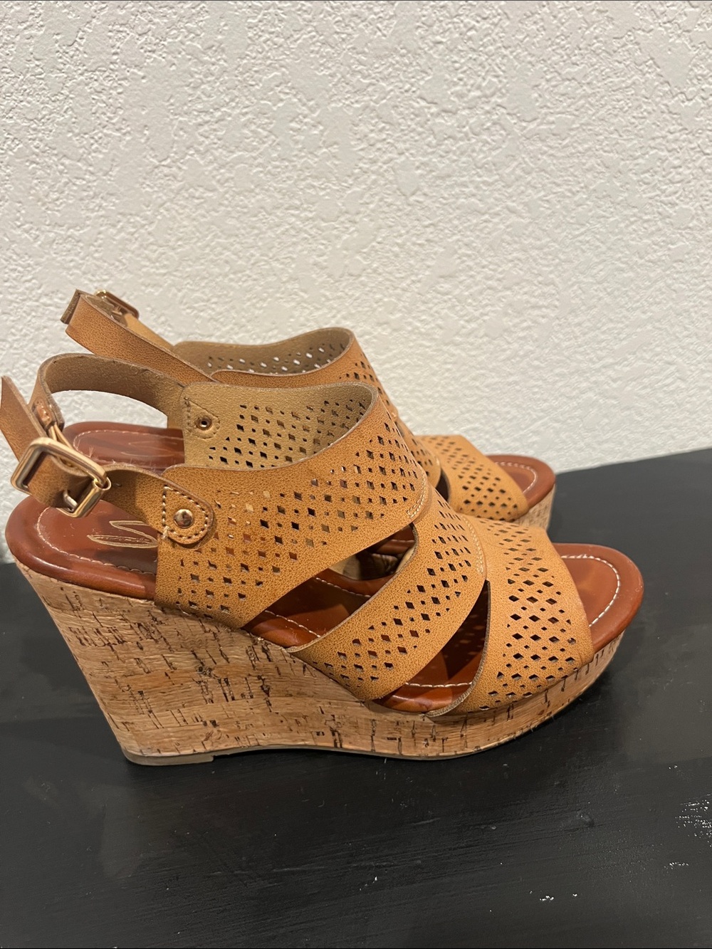 Seven7 Cognac Perforated Cork Wedge Sandals